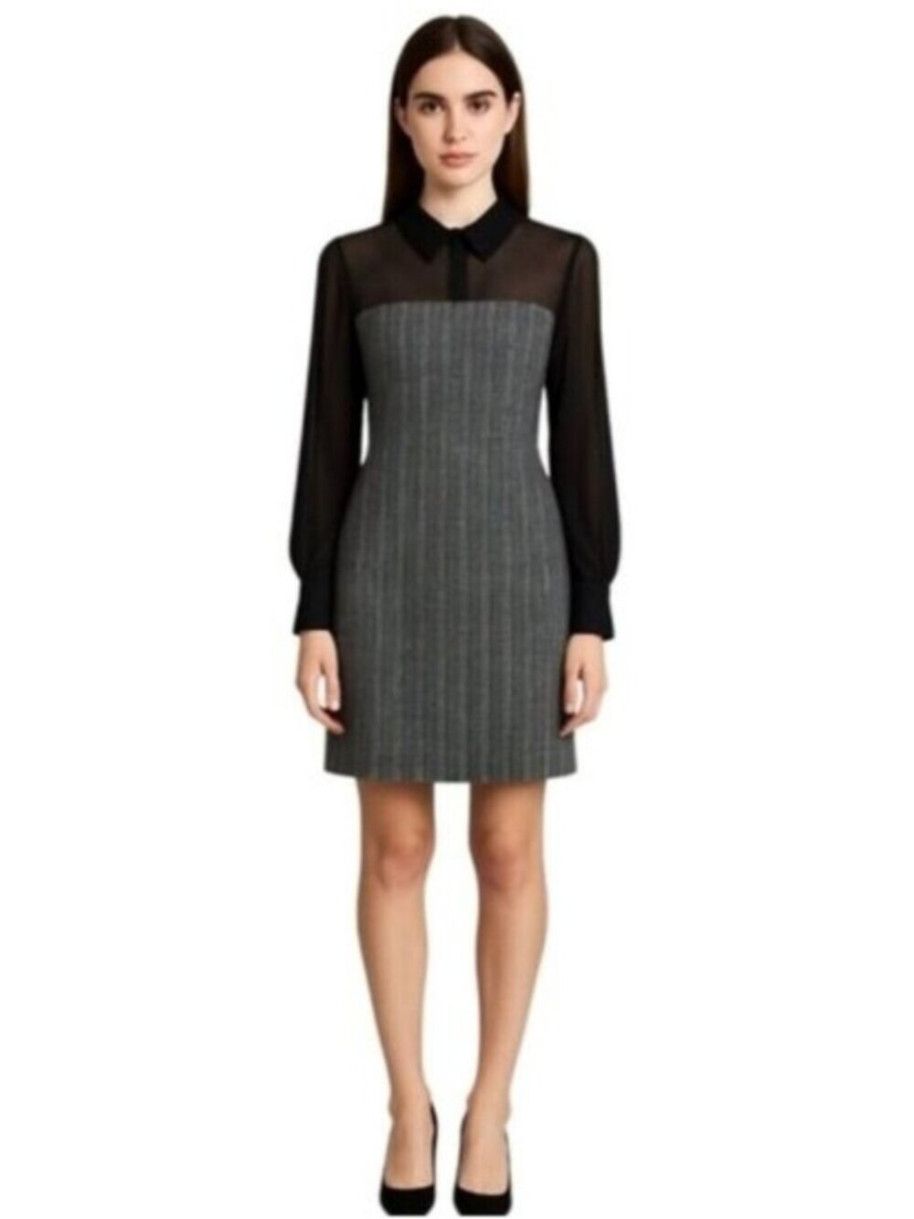 NWT BCBGeneration Black Sheer Sleeve Twill Plaid Pattern Dress